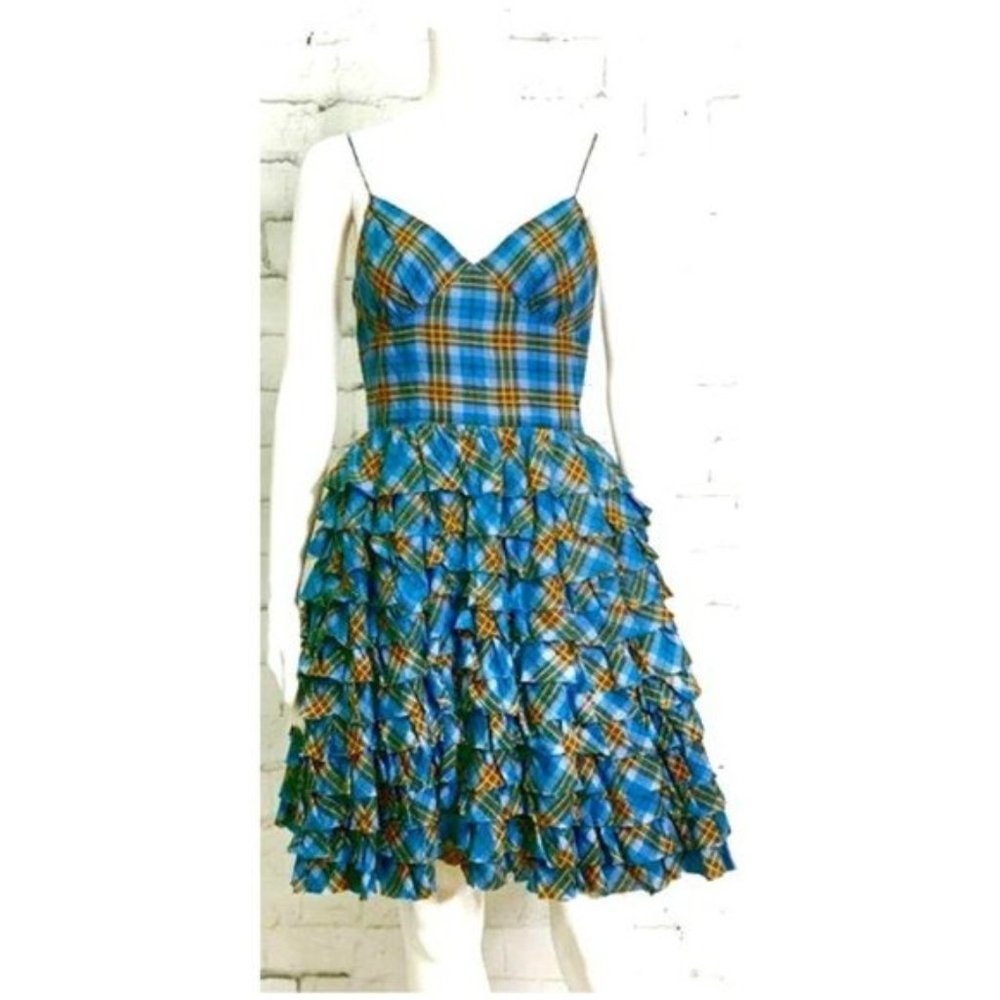 VTG Betsey Johnson Plaid Tartan Blue Dress